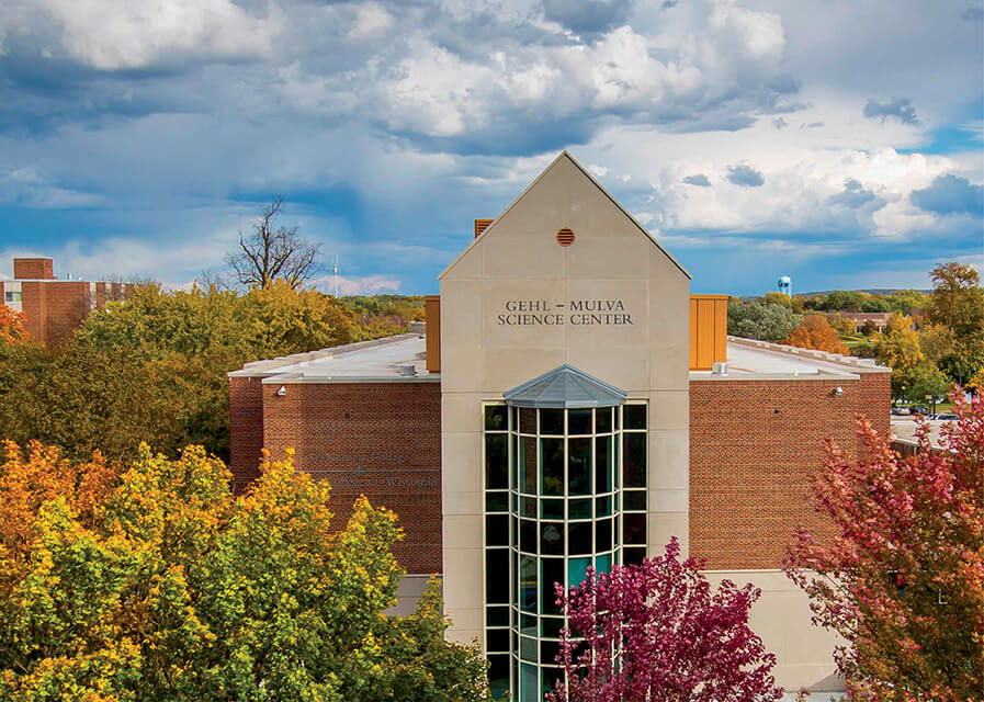 The Gehl-Mulva Science Center building sign on an early autumn day at the SNC campus.